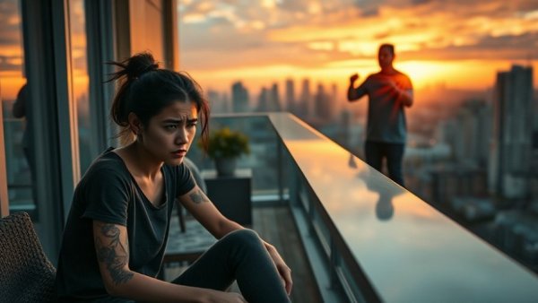 Self-care for anxiety, depicting a woman in distress at sunset with emotional tension.