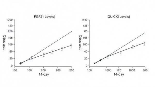 Graph showing FGF21 and QUICKI levels over time, linked to protein intake.