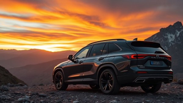 Sleek modern SUV demonstrating hands-free driving technology at sunset