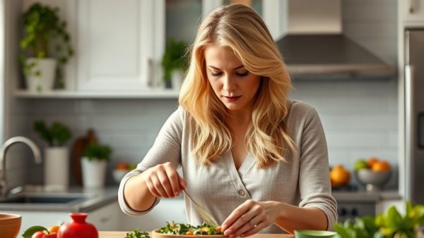 Healthy eating habits depicted by a woman preparing food in a modern kitchen.