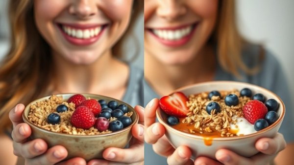 Powerful fat loss breakfast comparison with happy person.