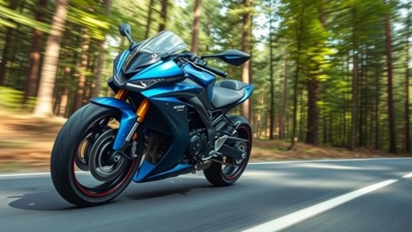 Futuristic blue motorcycle on forest highway, best cars 2024.