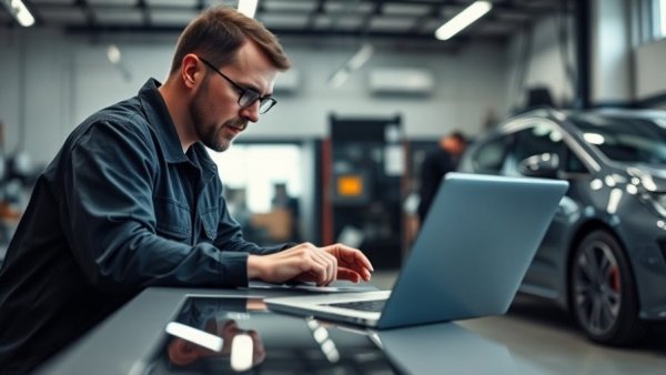 Mechanic using a laptop on an electric vehicle, showcasing modern repair shop.