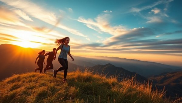 Motivational self-care routine visualization with woman climbing hill