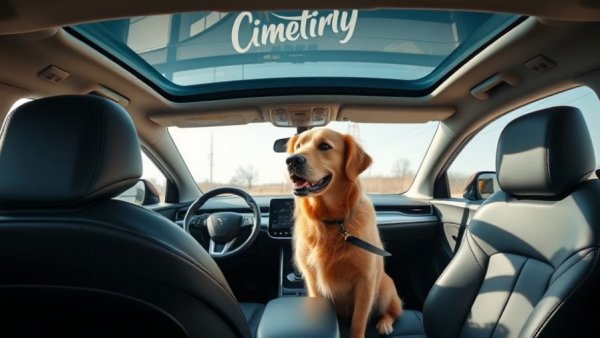 Electric vehicle interior with panoramic glass roof and dog.
