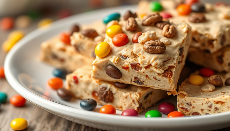 Protein cookie dough bark with colorful candy and nut toppings.