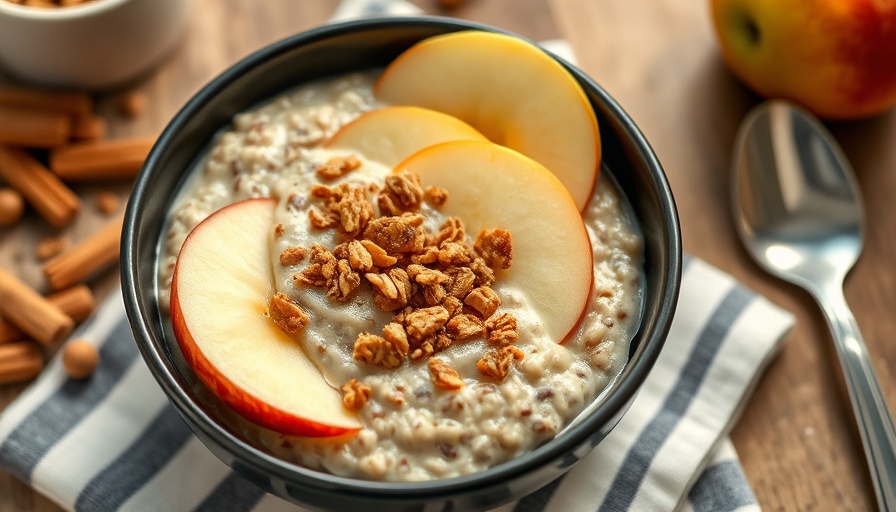 Apple cinnamon overnight oats with apple slices and granola in a bowl.