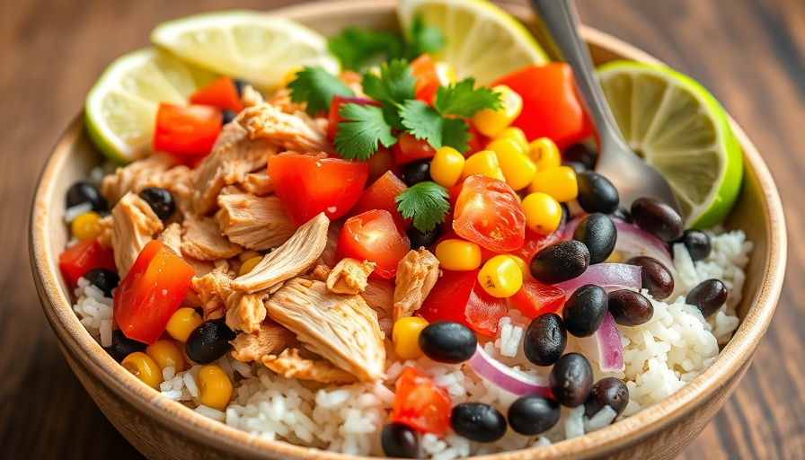 Vibrant salsa chicken and rice bowl with colorful vegetables and lime wedges