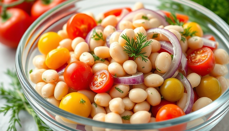 Vibrant dill pickle white bean salad in a glass bowl.