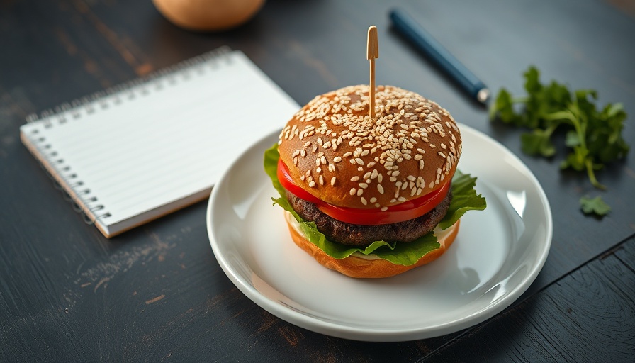 Sesame seed burger on plate beside notepad, Health Comparison Between Plant-Based Burgers and Beef.