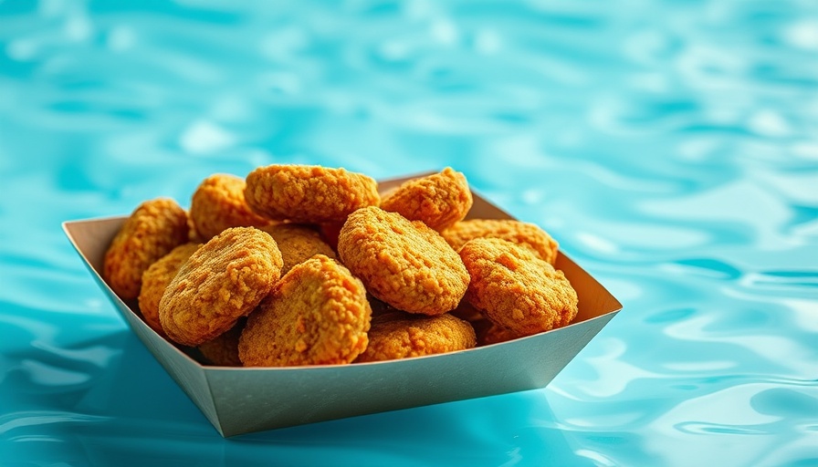 Plant-based nuggets in a tray on aqua background.