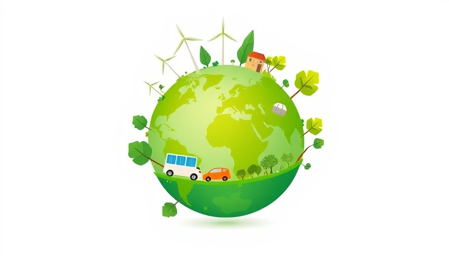 Eco-friendly illustration of globe with green energy symbols.