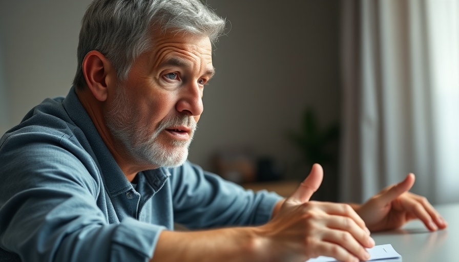 Middle-aged man explaining essential hand tremor.