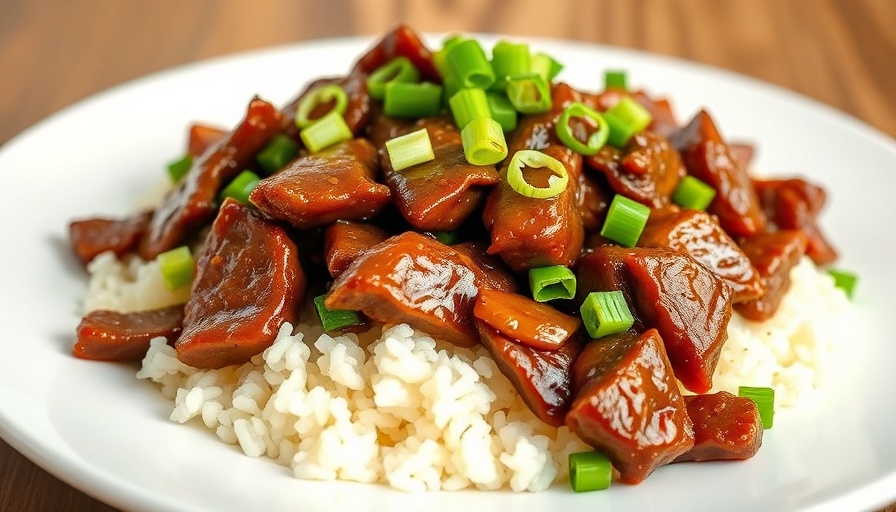 Delicious Mongolian beef recipe on a plate with rice and green onions.