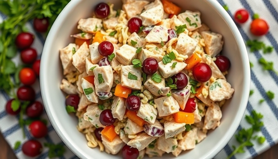 Easy turkey salad with herbs and cranberries in a bowl, best use of turkey leftovers.