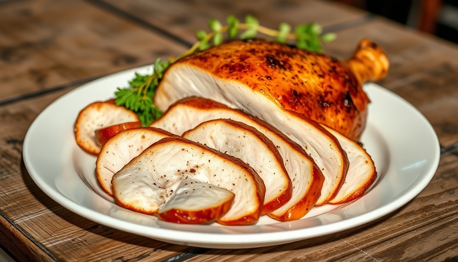 Roast turkey breast recipe - sliced turkey garnished with herbs.