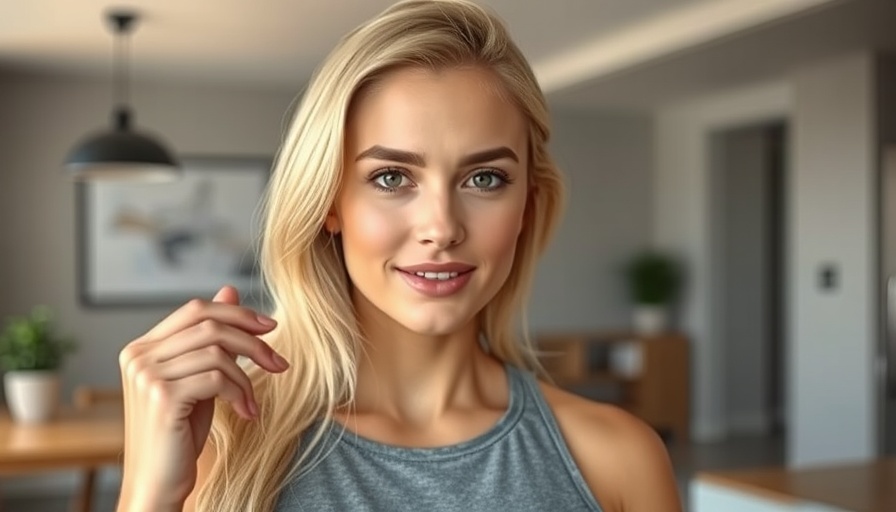 Blonde woman discussing pre-workout nutrition in a modern interior.