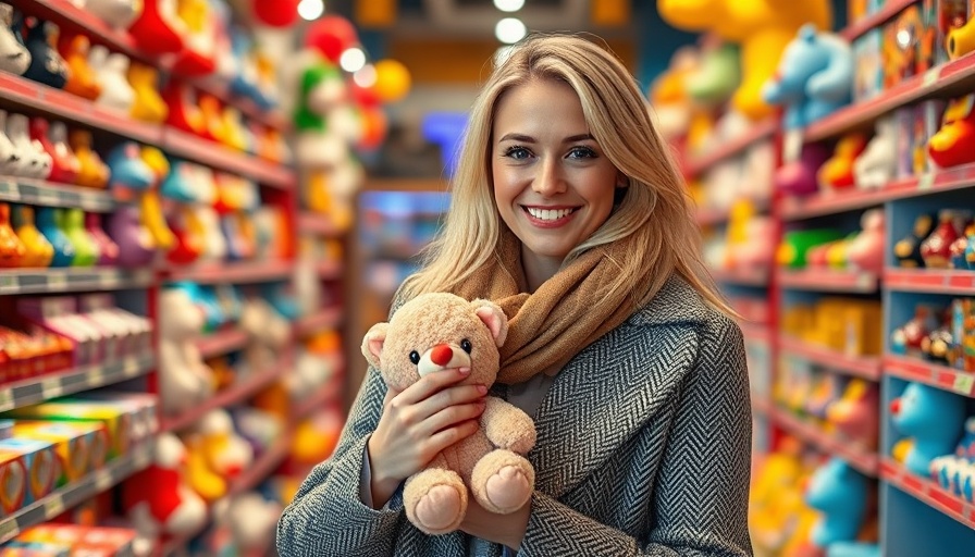 Blonde woman enjoying shopping with a plush toy gift in a toy store.