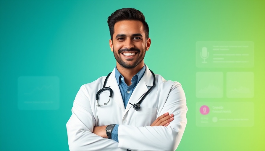 Confident doctor promoting nutrition and aging podcast.