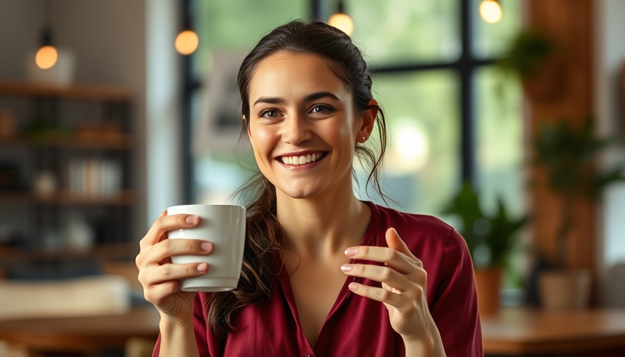 Smiling woman’s engaging cup discussion on healthy lifestyle tips.