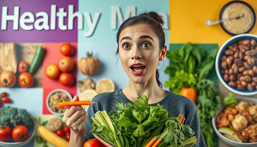 Healthy living tips with food collage and surprised woman.