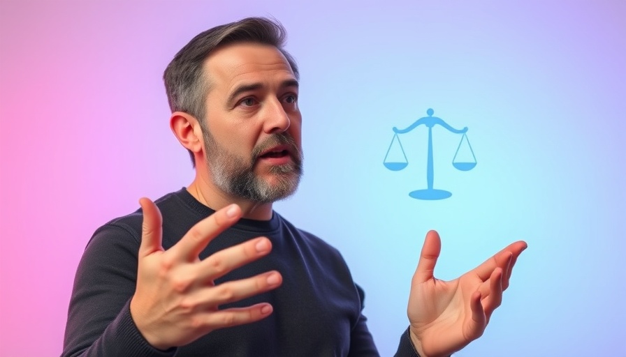 Man gesturing with scale icon on gradient background about gut health.