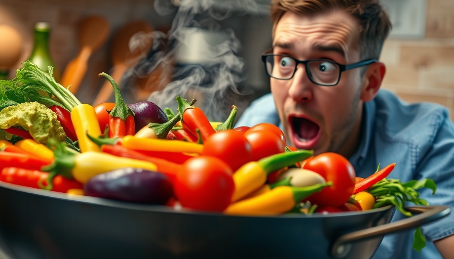 Lifelike image of vegetables in a pan with shocked reaction, linked to healthy lifestyle tips.