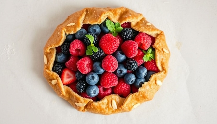 Almond flour berry galette with fresh berries on rustic crust.
