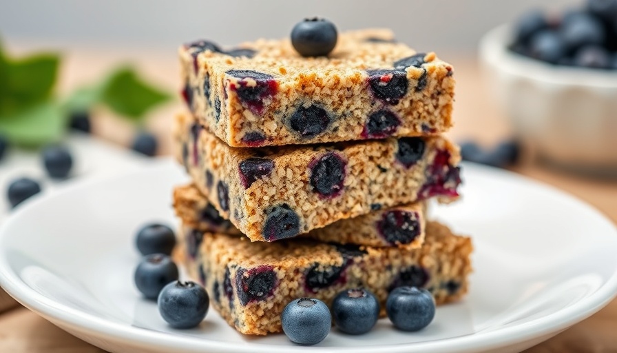 Delicious blueberry quinoa bars stacked on a plate.