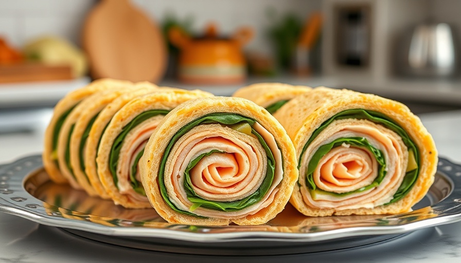 Delicious pinwheel sandwiches with turkey, cheese, spinach on platter