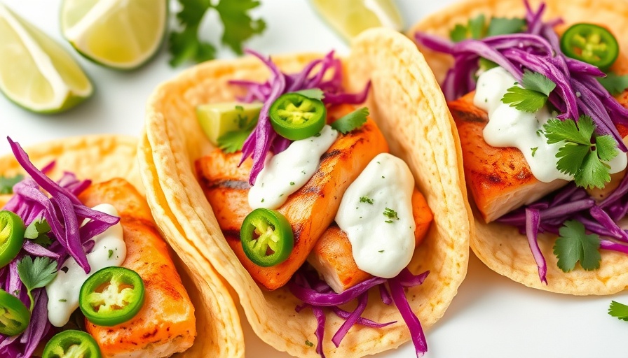 Delicious grilled salmon tacos with avocado crema, topped with jalapeños and cabbage.