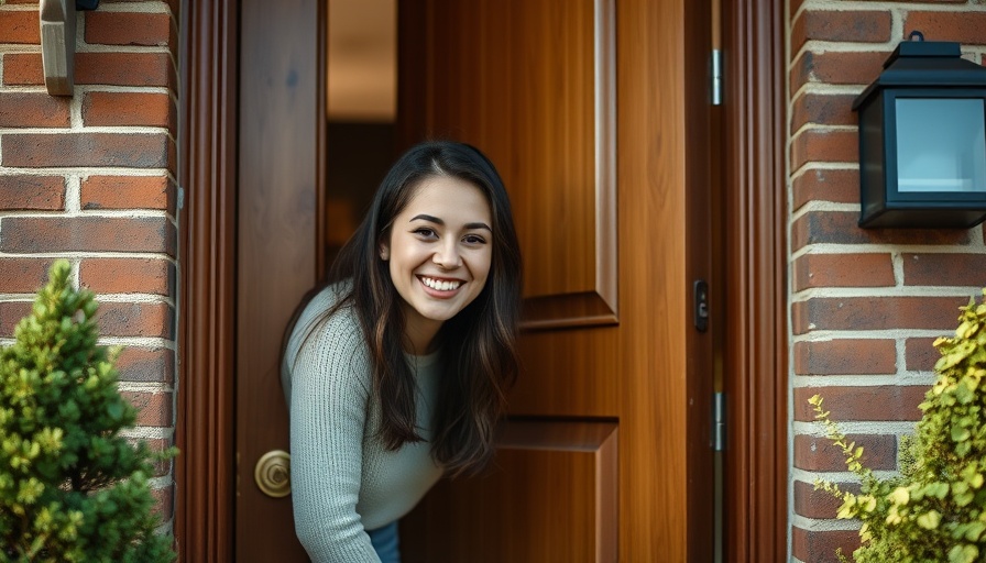 Young woman smiling, framed by a wooden door, listening to your body vibe.