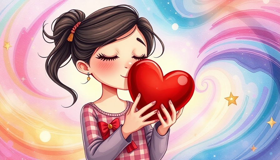 Self-care for anxiety: Serene woman holding a heart in colorful background.