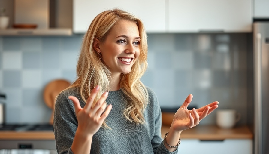 Blonde woman sharing healthy lifestyle tips in a kitchen.