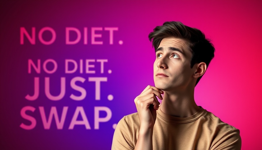 Man thinking about food swaps to cut calories with bold text overlay.