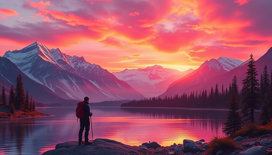 Hiker reflecting by a serene lake among mountains at sunset, awe journaling concept.