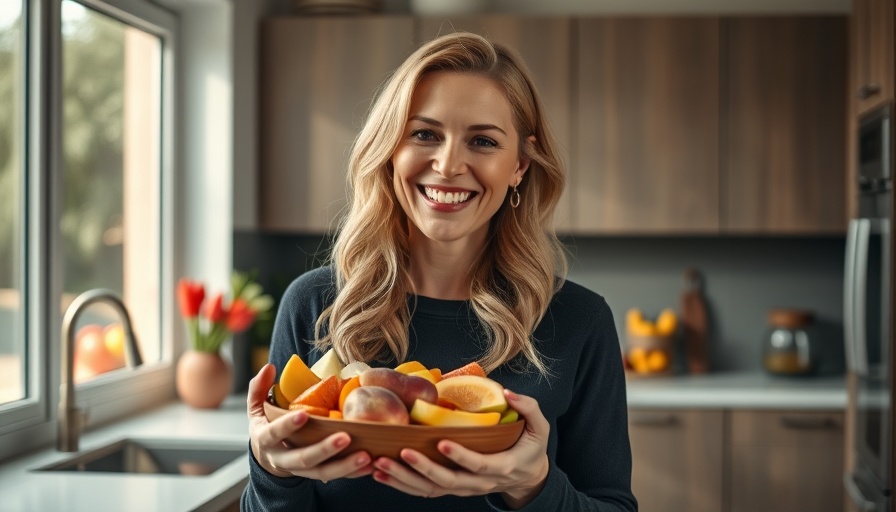 Woman provides nutrition tips in modern kitchen.