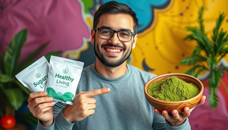 Man explaining healthy living choices with sugar and herbs.