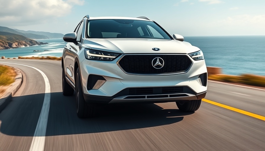White SUV showcasing hydrogen fuel technology on coastal road with ocean view.
