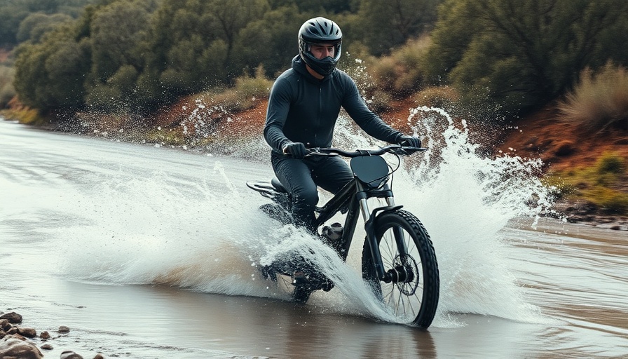 Adventure biker riding budget bike through water splash.