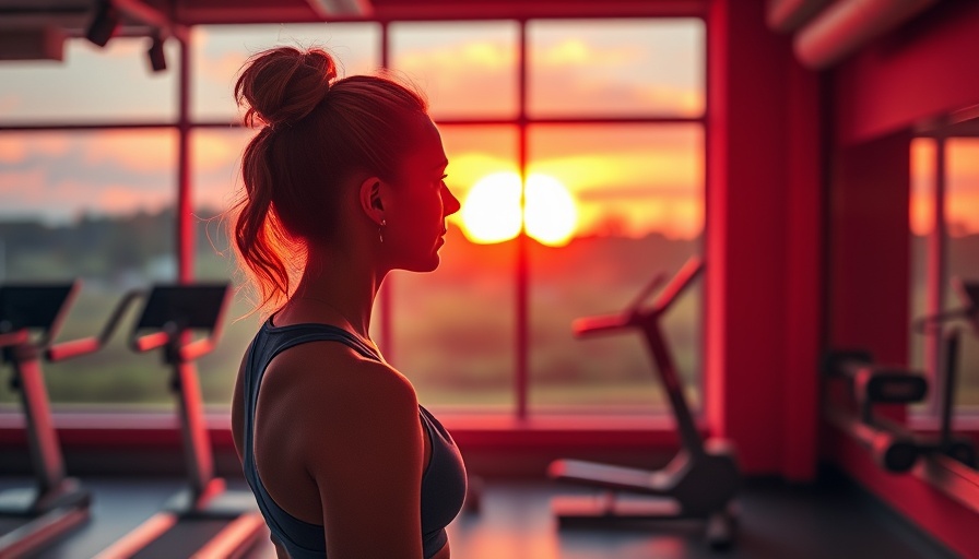 Woman in gym enjoying sunrise as part of self-care routine.