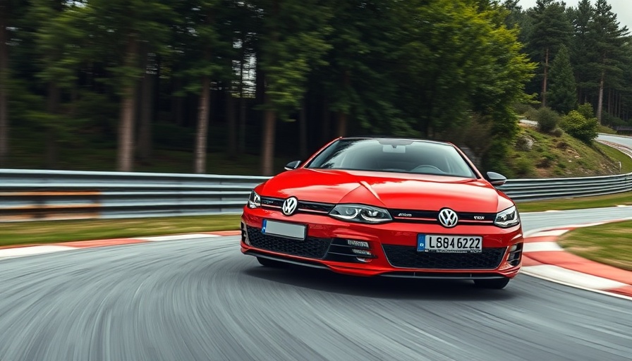 Fast red VW GTI on forest racetrack, showcasing power and speed.