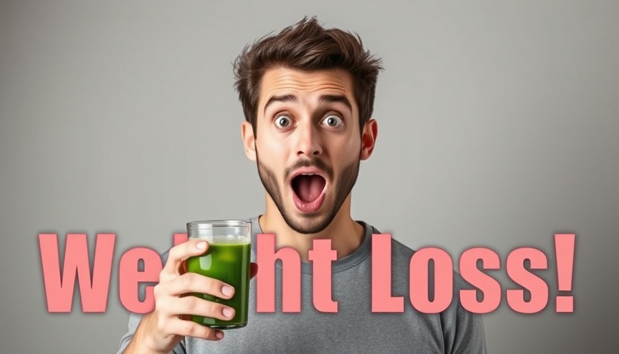 Surprised man with green juice, weight loss tips background.