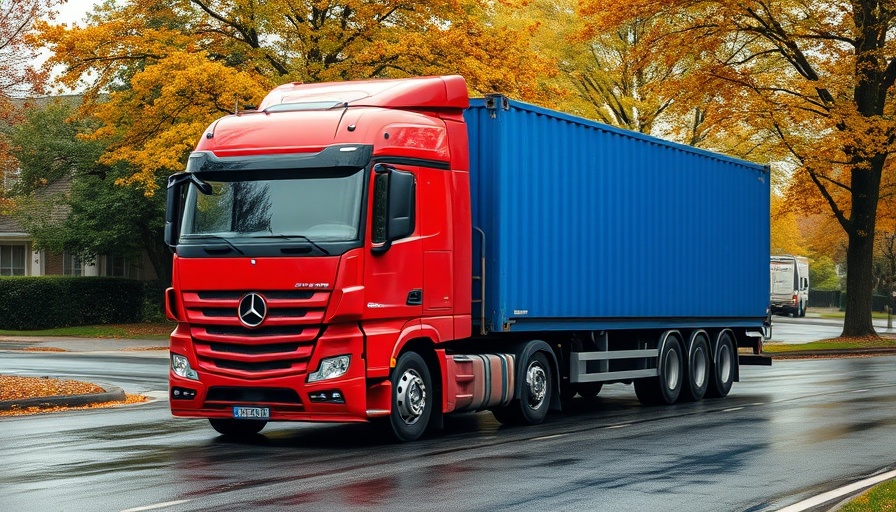 Red semi-truck with blue container on a tree-lined street, showcasing dry van trucking for automotive.