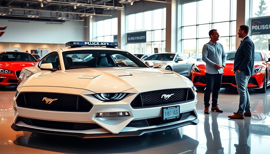 Modern Ford Mustang police car in showroom with two people discussing.