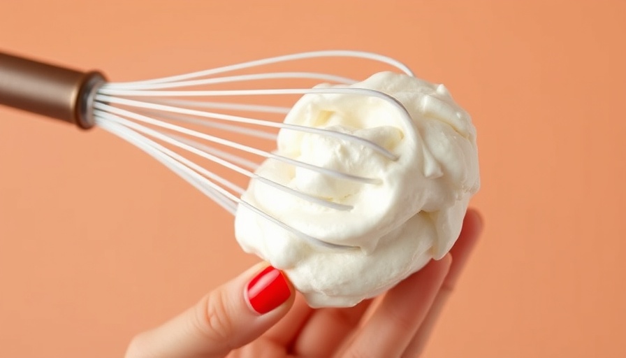 Maple marshmallow fluff on whisk against peach background.