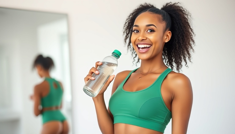 Smiling woman in athletic wear with water, referencing toxic fitness culture.