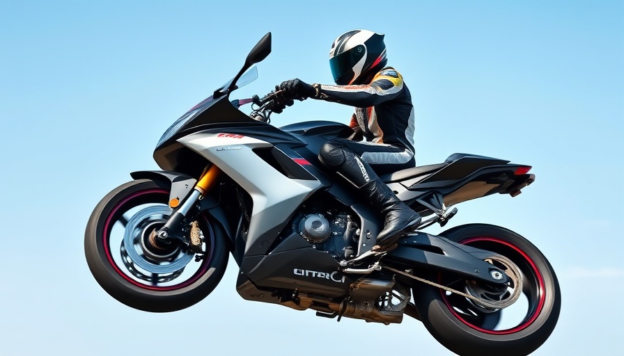 Dynamic rider doing wheelie on sport bike, sky in background.