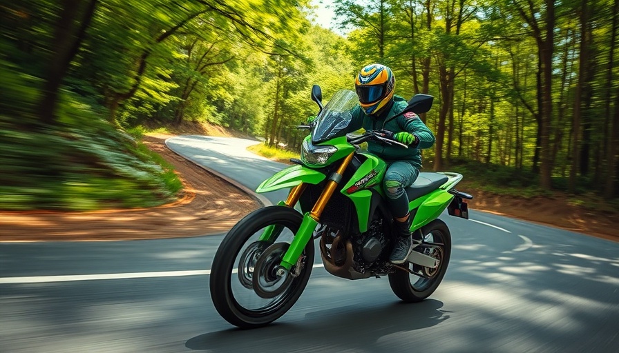 Vibrant green dual-sport motorcycle on a winding forest road.