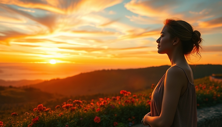 Serene woman embracing self-care at sunset with nature backdrop.